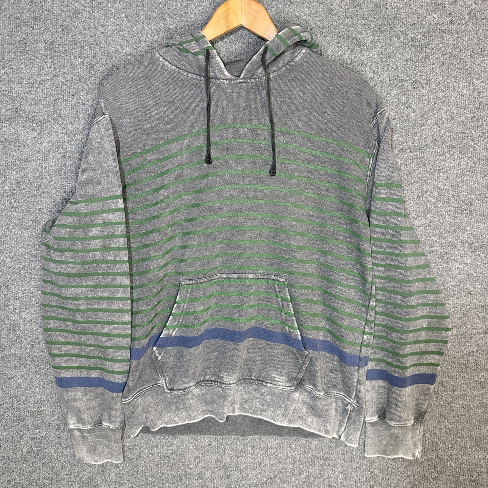 Brooklyn Cloth Mens  Medium Hoodie Grey Green Blue Striped Pullover Drawstring